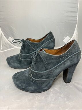 Miz Mooz Slate Blue Suede Lace-Up High Heel Oxford Booties  - Size 8.5